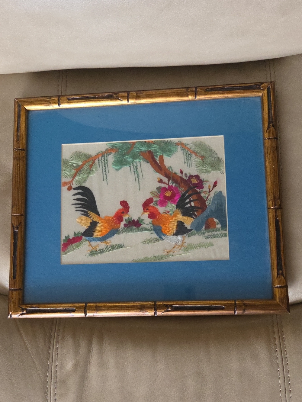 Vintage Framed Silk Embroidered Rooster Artwork In A Frame